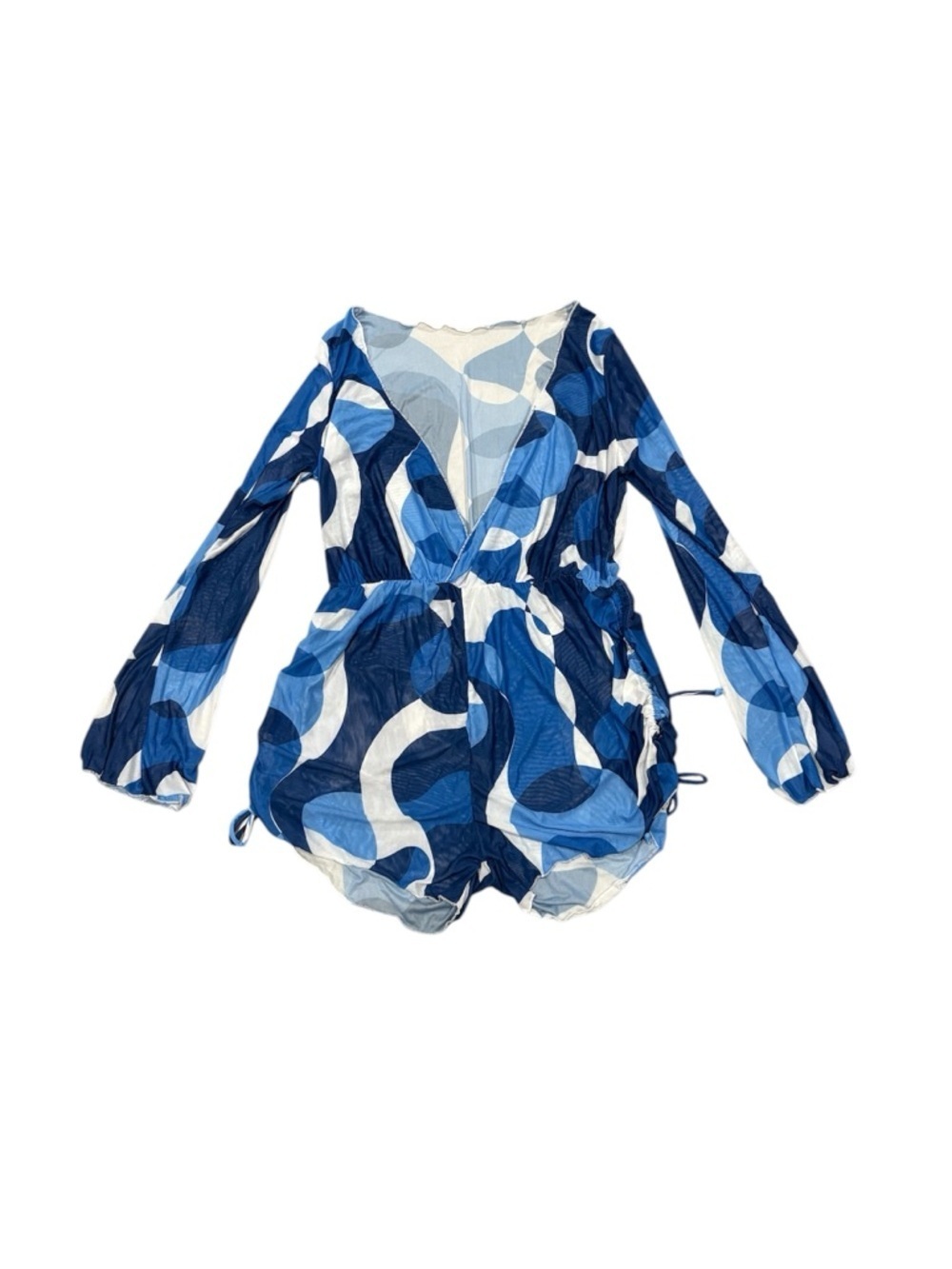 401. Women’s Blue Abstract Print V-Neck Long Sleeve Romper Cover Up - Picture 1 of 1